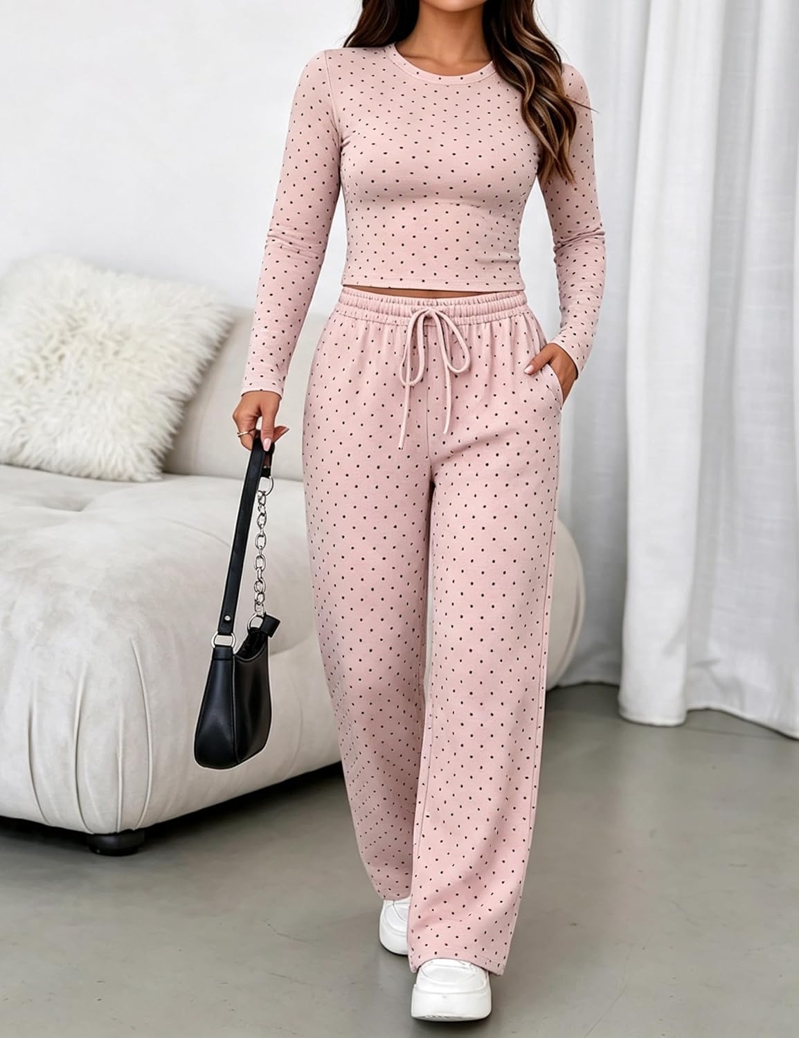 image:imageSpringrain Womens 2 Piece Polka Dot Lounge Sets Outfit Fall Adjustable Drawstring Elastic Waistband Convenient Side Pockets for Essentials Versatile Travel Weekend Casual WearPink