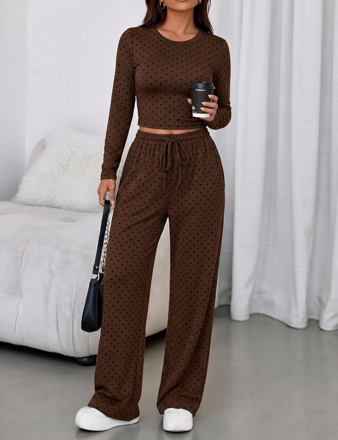 image:imageSpringrain Womens 2 Piece Polka Dot Lounge Sets Outfit Fall Adjustable Drawstring Elastic Waistband Convenient Side Pockets for Essentials Versatile Travel Weekend Casual WearBrown