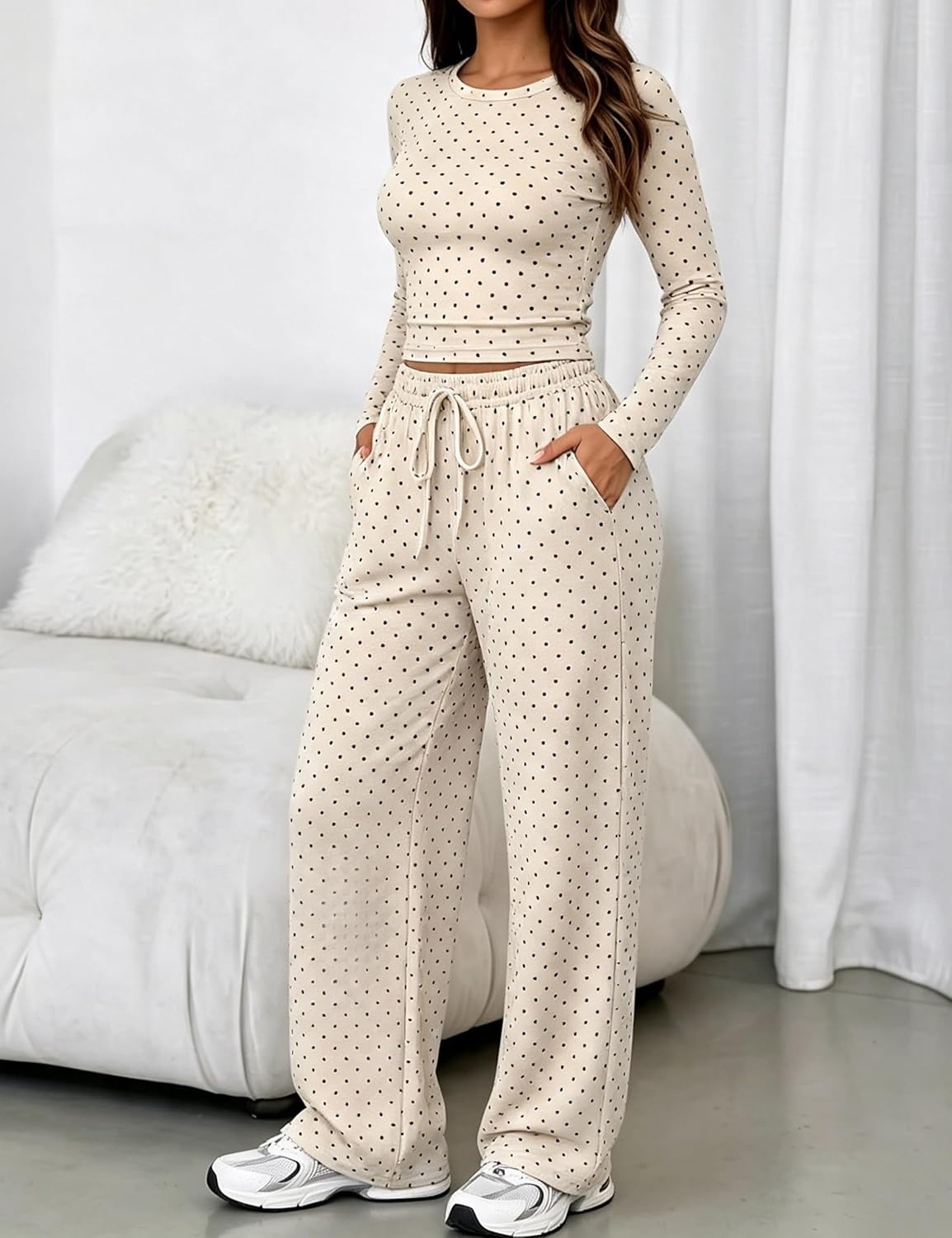image:imageSpringrain Womens 2 Piece Polka Dot Lounge Sets Outfit Fall Adjustable Drawstring Elastic Waistband Convenient Side Pockets for Essentials Versatile Travel Weekend Casual WearKhaki