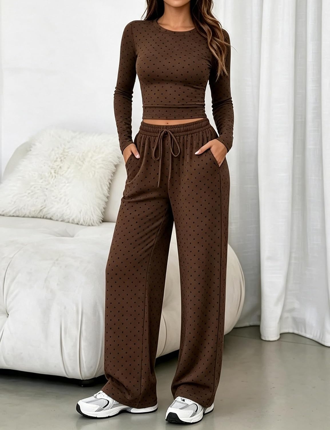 image:imageSpringrain Womens 2 Piece Polka Dot Lounge Sets Outfit Fall Adjustable Drawstring Elastic Waistband Convenient Side Pockets for Essentials Versatile Travel Weekend Casual WearBrown