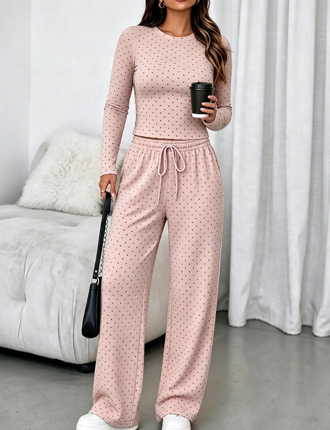image:imageSpringrain Womens 2 Piece Polka Dot Lounge Sets Outfit Fall Adjustable Drawstring Elastic Waistband Convenient Side Pockets for Essentials Versatile Travel Weekend Casual WearPink
