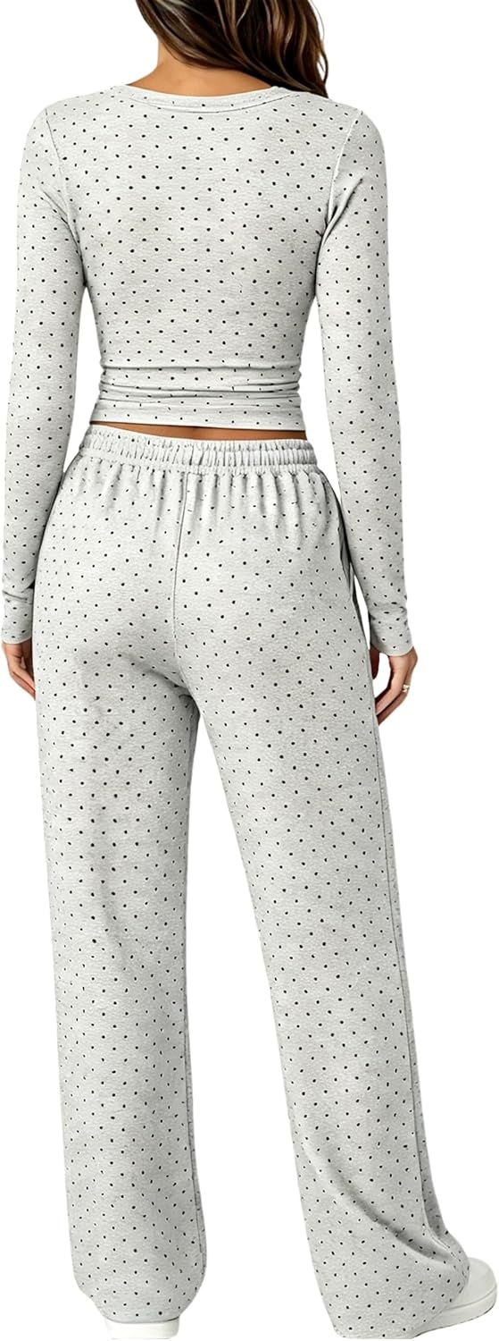 image:imageSpringrain Womens 2 Piece Polka Dot Lounge Sets Outfit Fall Adjustable Drawstring Elastic Waistband Convenient Side Pockets for Essentials Versatile Travel Weekend Casual WearGrey