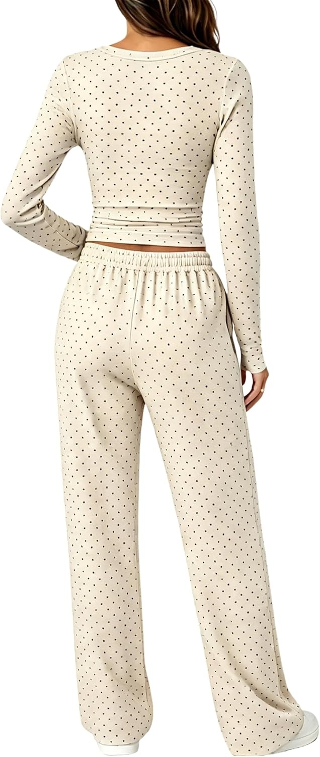 image:imageSpringrain Womens 2 Piece Polka Dot Lounge Sets Outfit Fall Adjustable Drawstring Elastic Waistband Convenient Side Pockets for Essentials Versatile Travel Weekend Casual WearKhaki