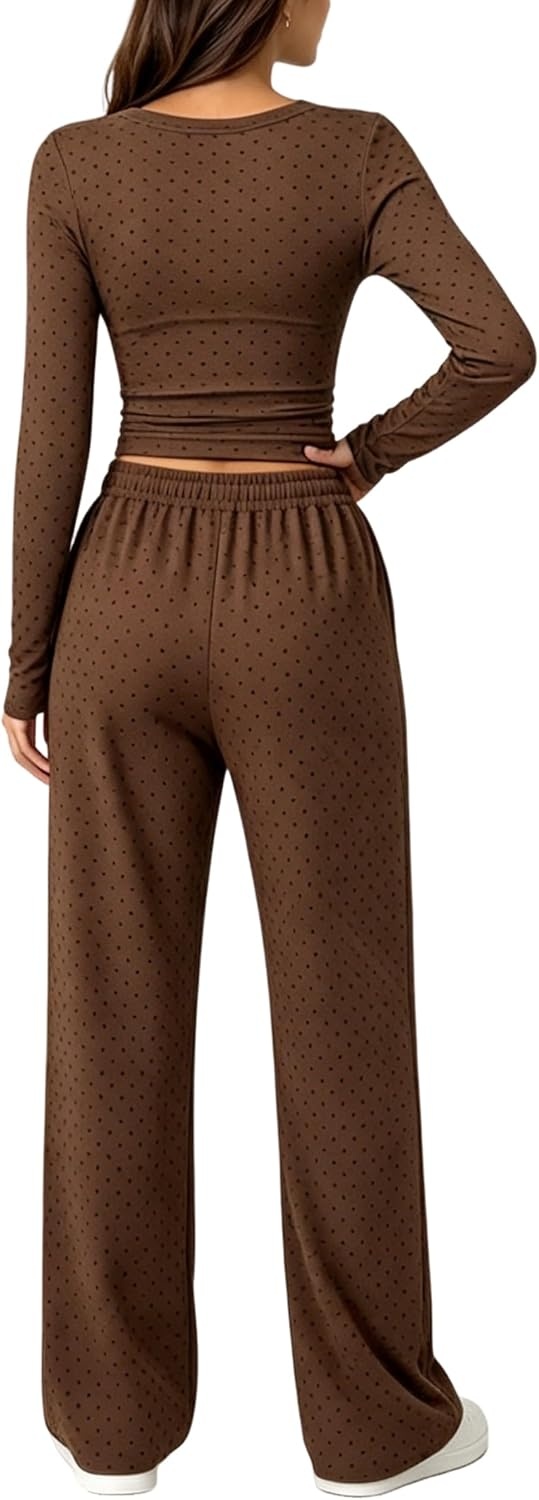 image:imageSpringrain Womens 2 Piece Polka Dot Lounge Sets Outfit Fall Adjustable Drawstring Elastic Waistband Convenient Side Pockets for Essentials Versatile Travel Weekend Casual WearBrown