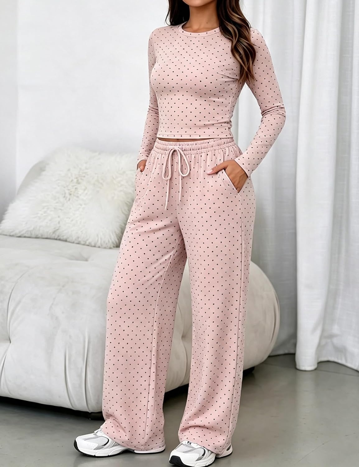 image:imageSpringrain Womens 2 Piece Polka Dot Lounge Sets Outfit Fall Adjustable Drawstring Elastic Waistband Convenient Side Pockets for Essentials Versatile Travel Weekend Casual WearPink