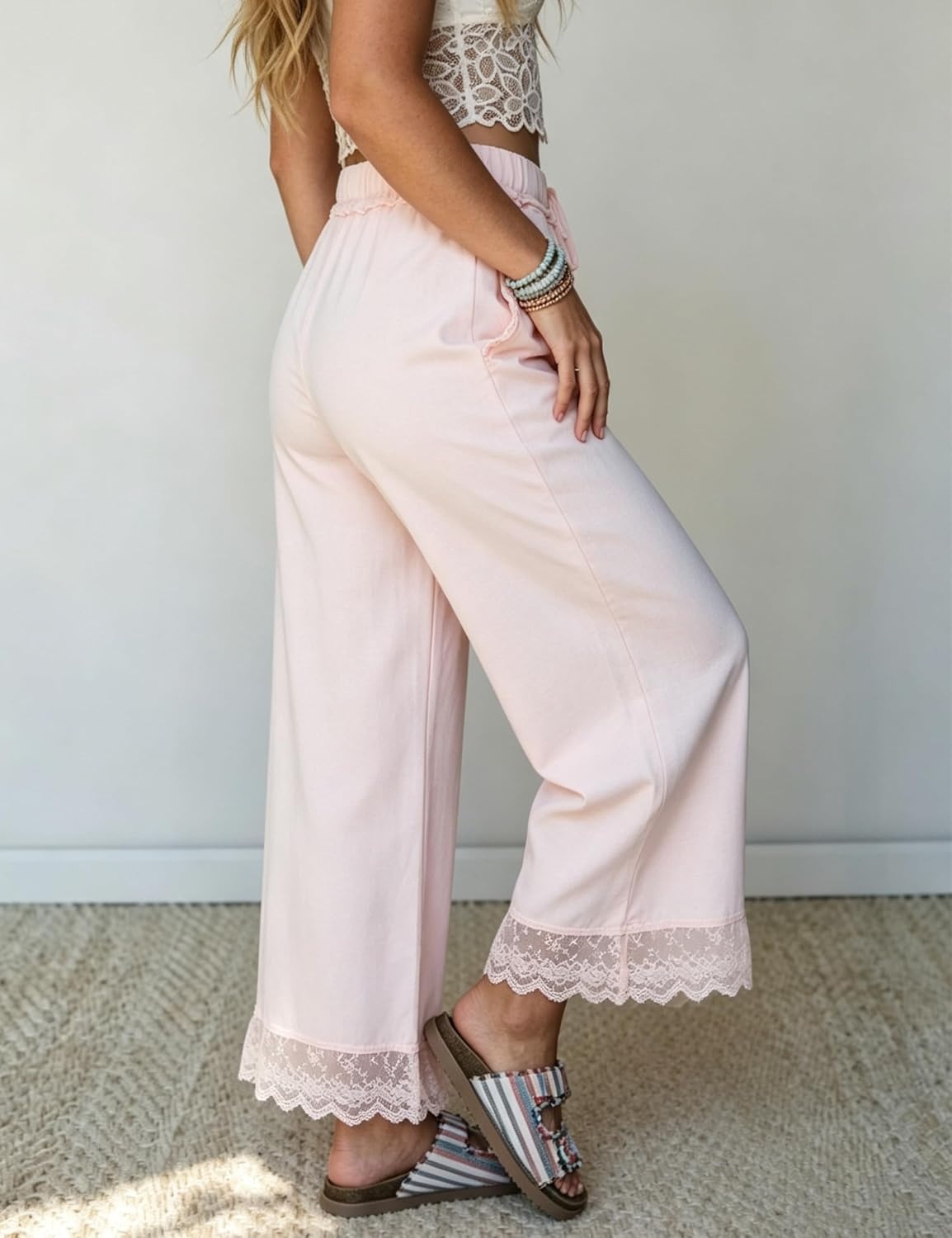 image:imageSpringrain Womens Wide Leg Drawstring Pants Lace Trim Trousers Soft Cotton Material Elastic Ruffle Waist Side Hand Pockets Versatile Spring amp Fall Wear Ideal for VacationDailyPink