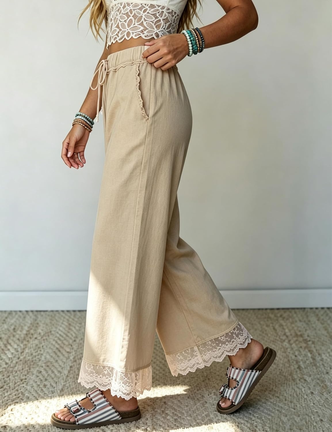 image:imageSpringrain Womens Wide Leg Drawstring Pants Lace Trim Trousers Soft Cotton Material Elastic Ruffle Waist Side Hand Pockets Versatile Spring amp Fall Wear Ideal for VacationDailyKhaki