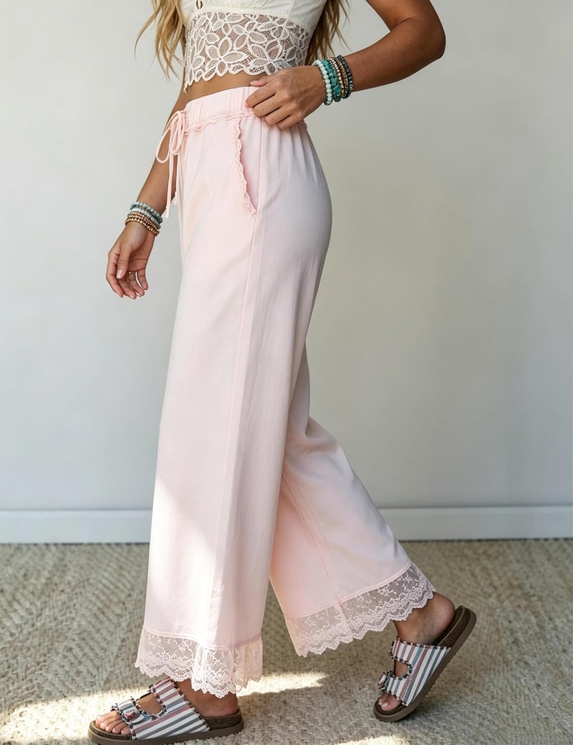 image:imageSpringrain Womens Wide Leg Drawstring Pants Lace Trim Trousers Soft Cotton Material Elastic Ruffle Waist Side Hand Pockets Versatile Spring amp Fall Wear Ideal for VacationDailyPink