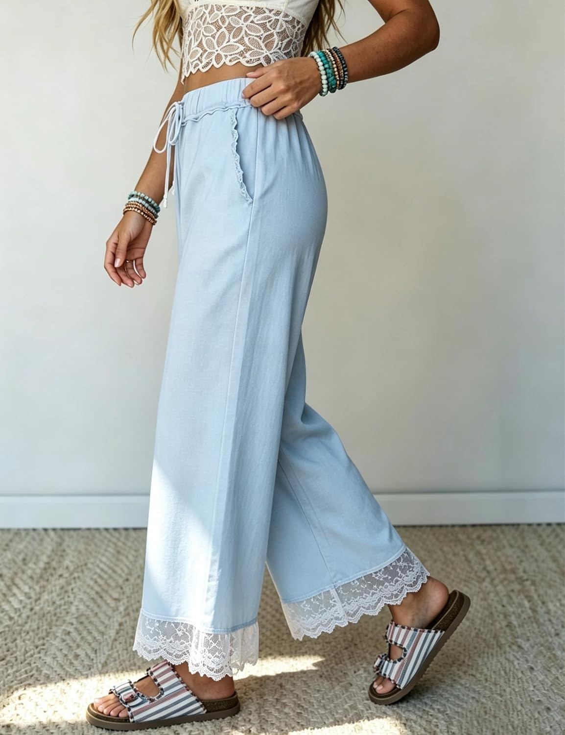 image:imageSpringrain Womens Wide Leg Drawstring Pants Lace Trim Trousers Soft Cotton Material Elastic Ruffle Waist Side Hand Pockets Versatile Spring amp Fall Wear Ideal for VacationDailyBlue
