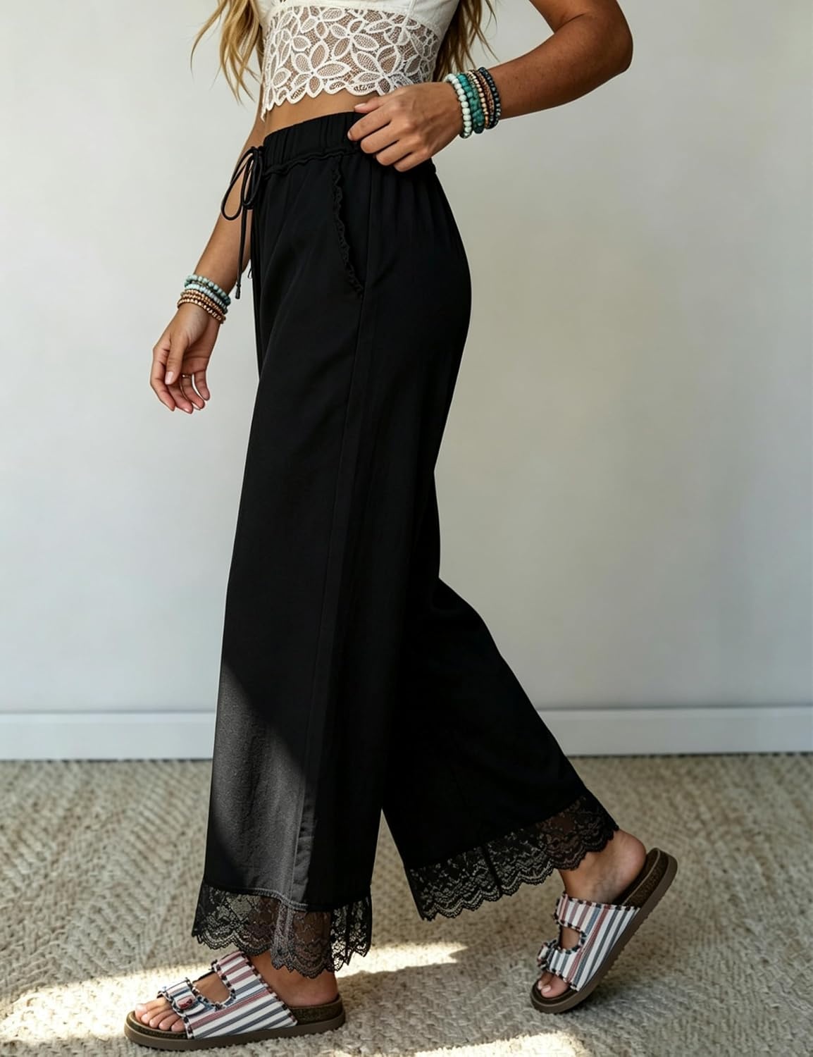 image:imageSpringrain Womens Wide Leg Drawstring Pants Lace Trim Trousers Soft Cotton Material Elastic Ruffle Waist Side Hand Pockets Versatile Spring amp Fall Wear Ideal for VacationDailyBlack