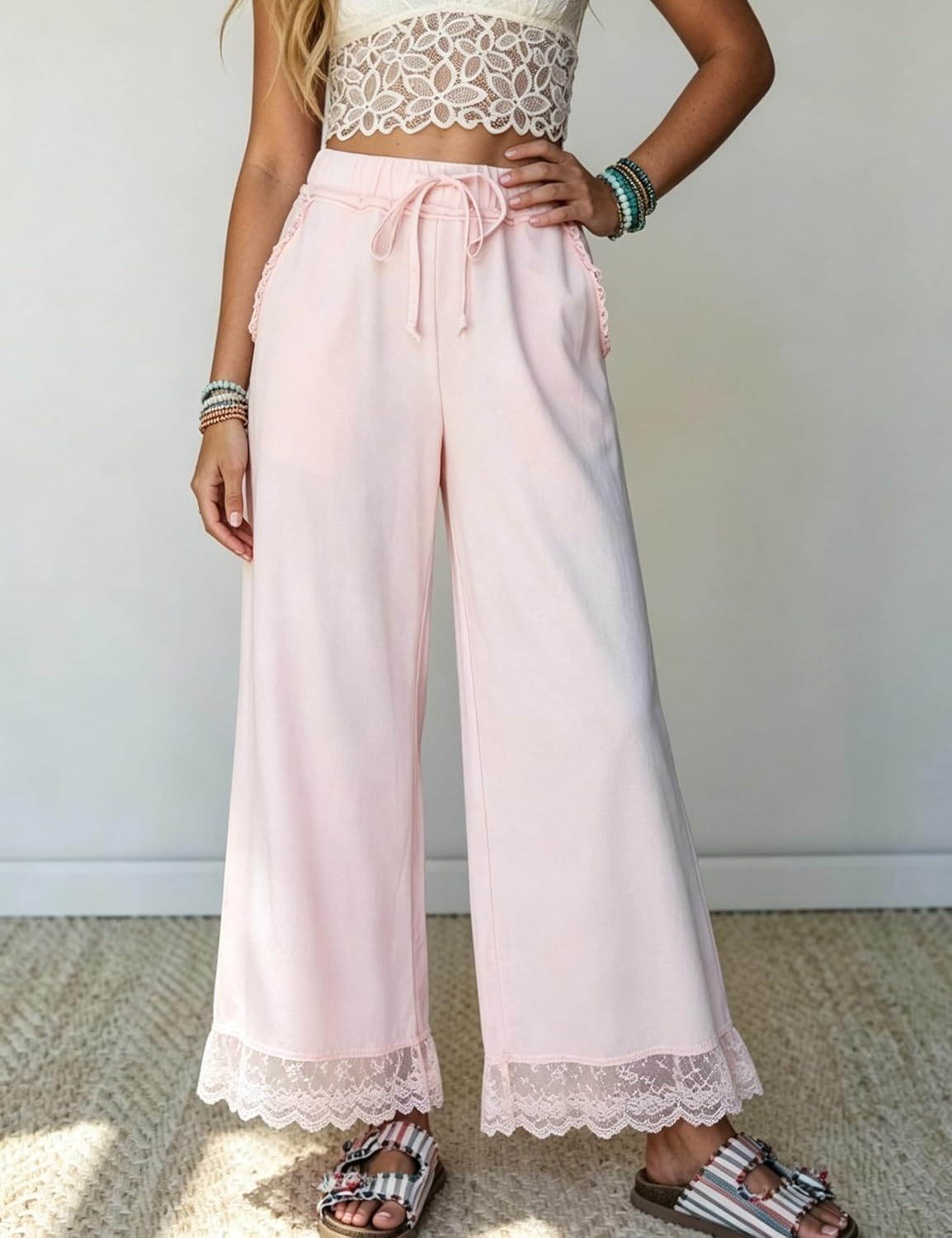 image:imageSpringrain Womens Wide Leg Drawstring Pants Lace Trim Trousers Soft Cotton Material Elastic Ruffle Waist Side Hand Pockets Versatile Spring amp Fall Wear Ideal for VacationDailyPink