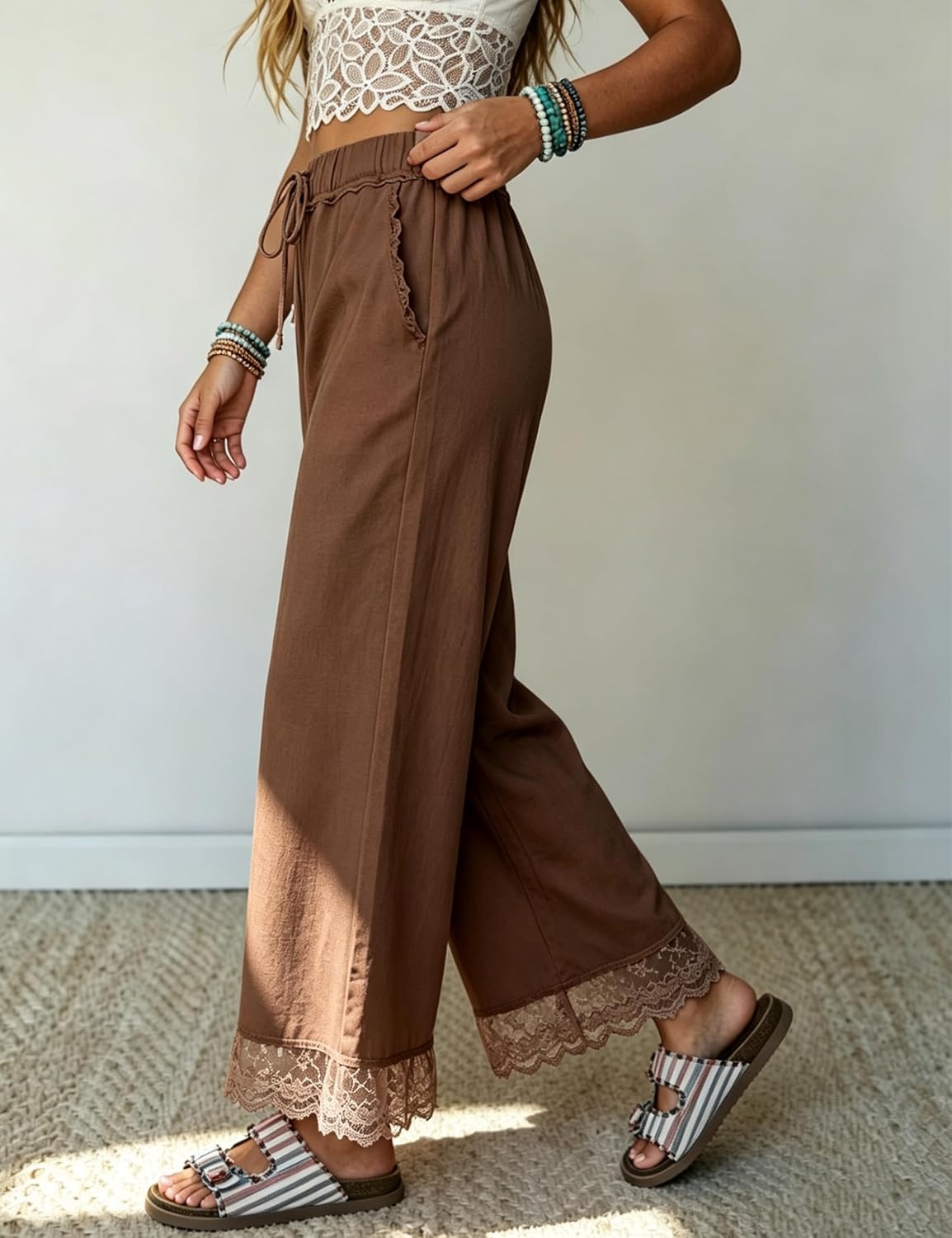 image:imageSpringrain Womens Wide Leg Drawstring Pants Lace Trim Trousers Soft Cotton Material Elastic Ruffle Waist Side Hand Pockets Versatile Spring amp Fall Wear Ideal for VacationDailyCoffee