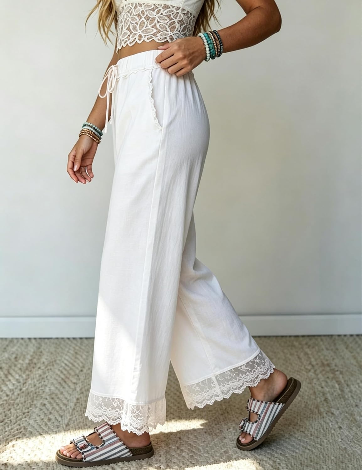 image:imageSpringrain Womens Wide Leg Drawstring Pants Lace Trim Trousers Soft Cotton Material Elastic Ruffle Waist Side Hand Pockets Versatile Spring amp Fall Wear Ideal for VacationDailyWhite
