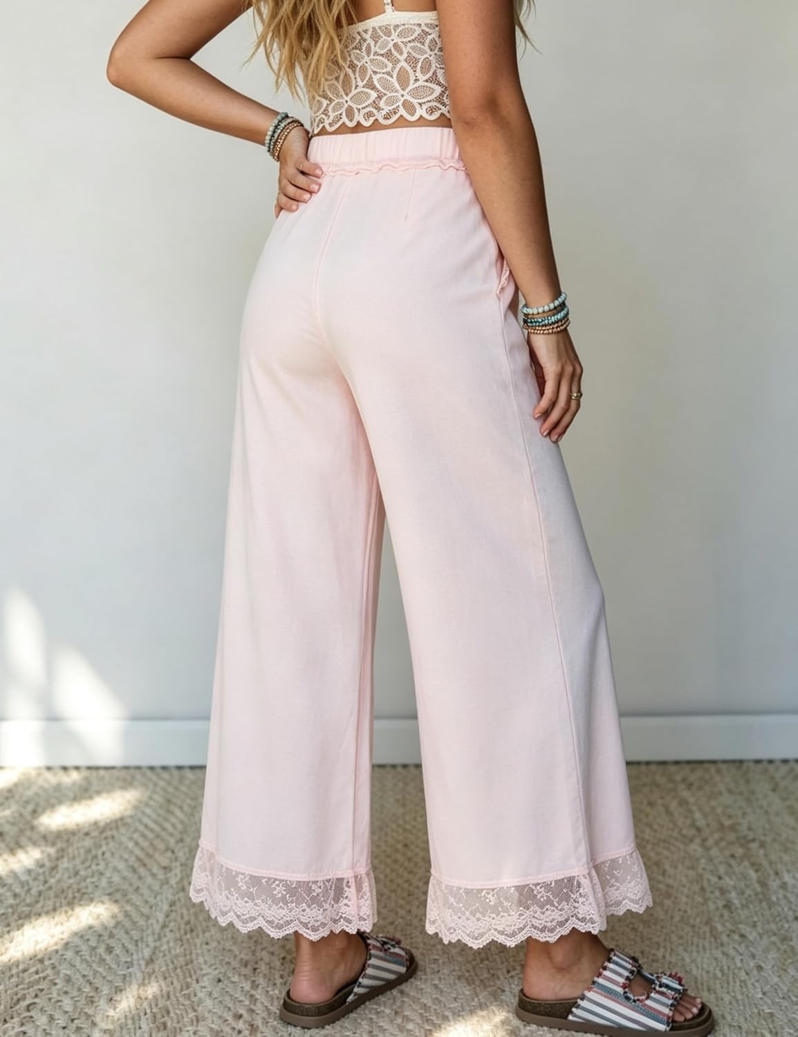 image:imageSpringrain Womens Wide Leg Drawstring Pants Lace Trim Trousers Soft Cotton Material Elastic Ruffle Waist Side Hand Pockets Versatile Spring amp Fall Wear Ideal for VacationDailyPink