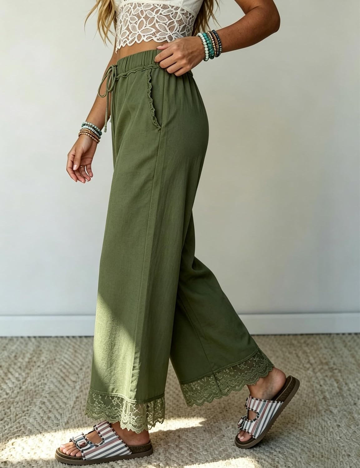 image:imageSpringrain Womens Wide Leg Drawstring Pants Lace Trim Trousers Soft Cotton Material Elastic Ruffle Waist Side Hand Pockets Versatile Spring amp Fall Wear Ideal for VacationDailyArmygreen