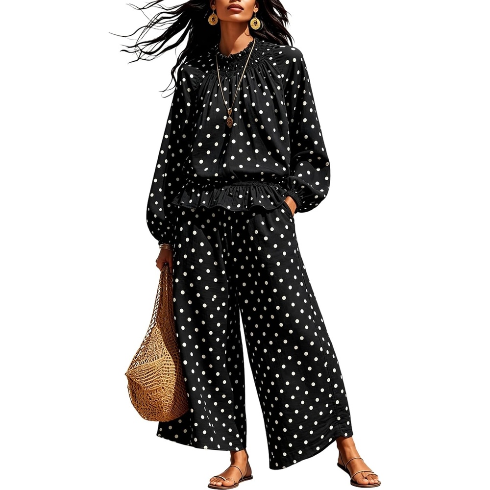 image:imageSpringrain Womens 2 Piece Fall Outfits Polka Dot Casual SetBlackXL  Elastic Waist Wide Leg Pants Breathable Linen Fabric Functional Side Pockets Smocked Ruffle Mock Neck Elastic Cuffs