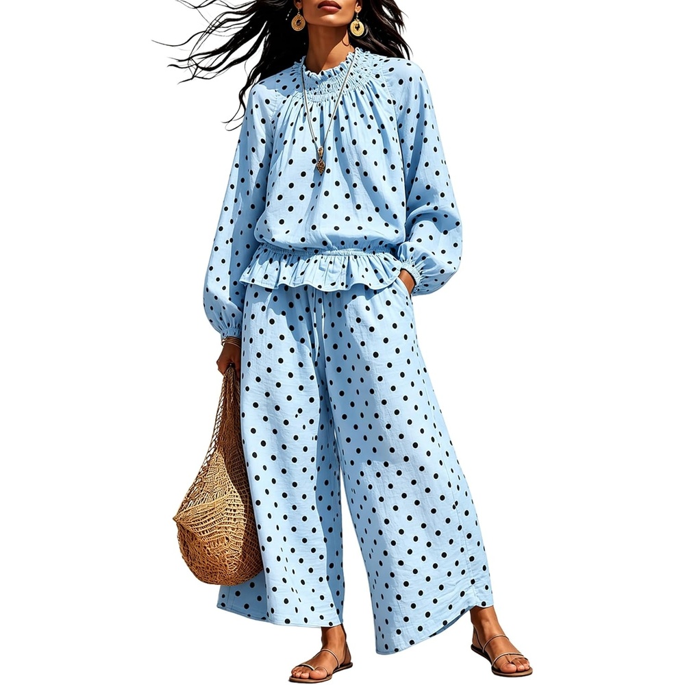 image:imageSpringrain Womens 2 Piece Fall Outfits Polka Dot Casual SetBlueXL  Elastic Waist Wide Leg Pants Breathable Linen Fabric Functional Side Pockets Smocked Ruffle Mock Neck Elastic Cuffs