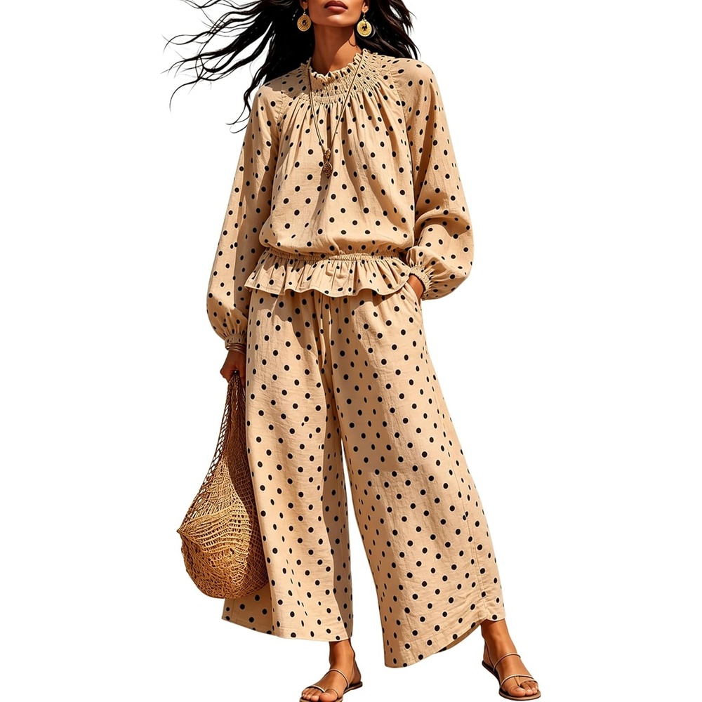 image:imageSpringrain Womens 2 Piece Fall Outfits Polka Dot Casual SetKhakiS Elastic Waist Wide Leg Pants Breathable Linen Fabric Functional Side Pockets Smocked Ruffle Mock Neck Elastic Cuffs