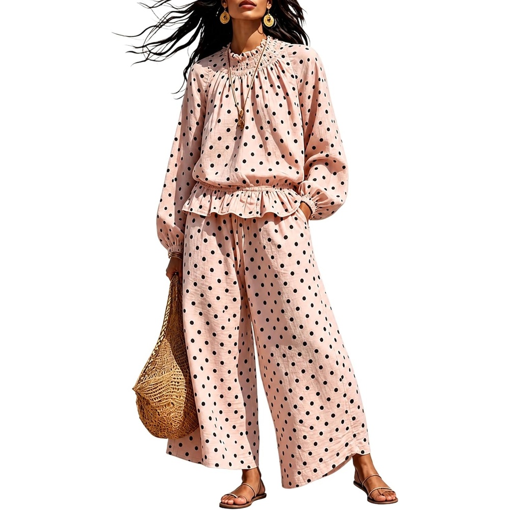 image:imageSpringrain Womens 2 Piece Fall Outfits Polka Dot Casual SetPinkL  Elastic Waist Wide Leg Pants Breathable Linen Fabric Functional Side Pockets Smocked Ruffle Mock Neck Elastic Cuffs