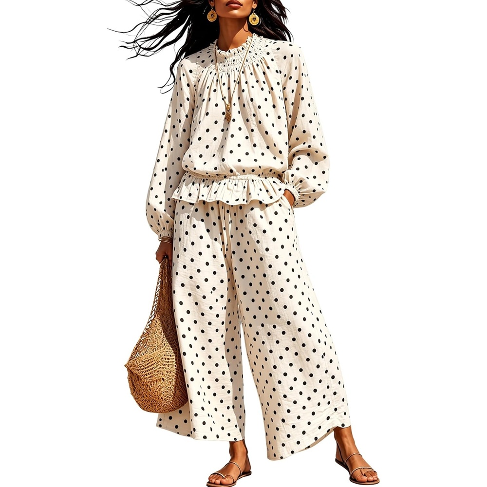 image:imageSpringrain Womens 2 Piece Fall Outfits Polka Dot Casual SetWhiteM  Elastic Waist Wide Leg Pants Breathable Linen Fabric Functional Side Pockets Smocked Ruffle Mock Neck Elastic Cuffs