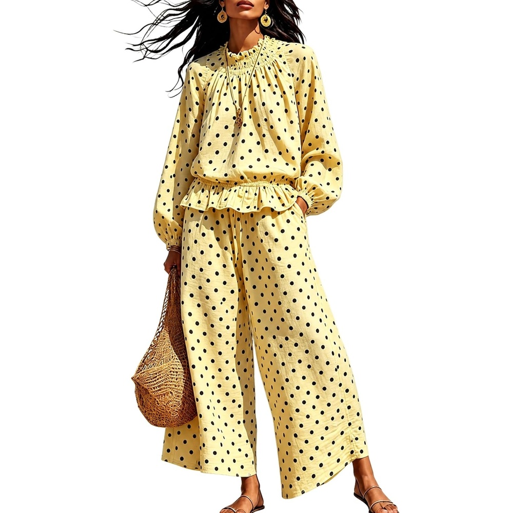 image:imageSpringrain Womens 2 Piece Fall Outfits Polka Dot Casual SetYellowXL  Elastic Waist Wide Leg Pants Breathable Linen Fabric Functional Side Pockets Smocked Ruffle Mock Neck Elastic Cuffs