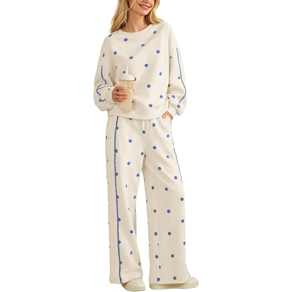 image:imageSpringrain Womens 2 Piece Polka Dot Fall Lounge Set SweatsuitBeigeXL  Side Lace Trim Detailing Elastic Drawstring Waistband Side Pockets Figureflattering Wide Leg Pants Ribbed Cuffs