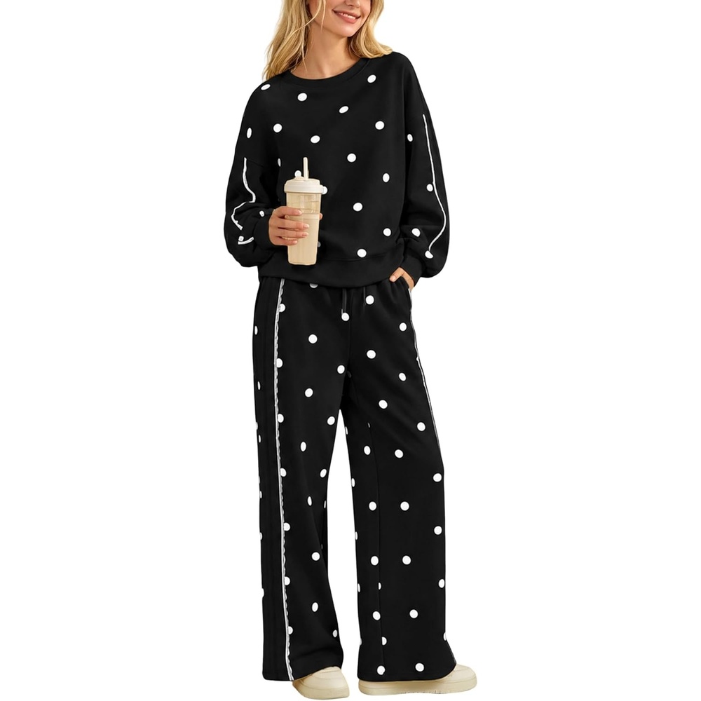 image:imageSpringrain Womens 2 Piece Polka Dot Fall Lounge Set SweatsuitBlackM  Side Lace Trim Detailing Elastic Drawstring Waistband Side Pockets Figureflattering Wide Leg Pants Ribbed Cuffs