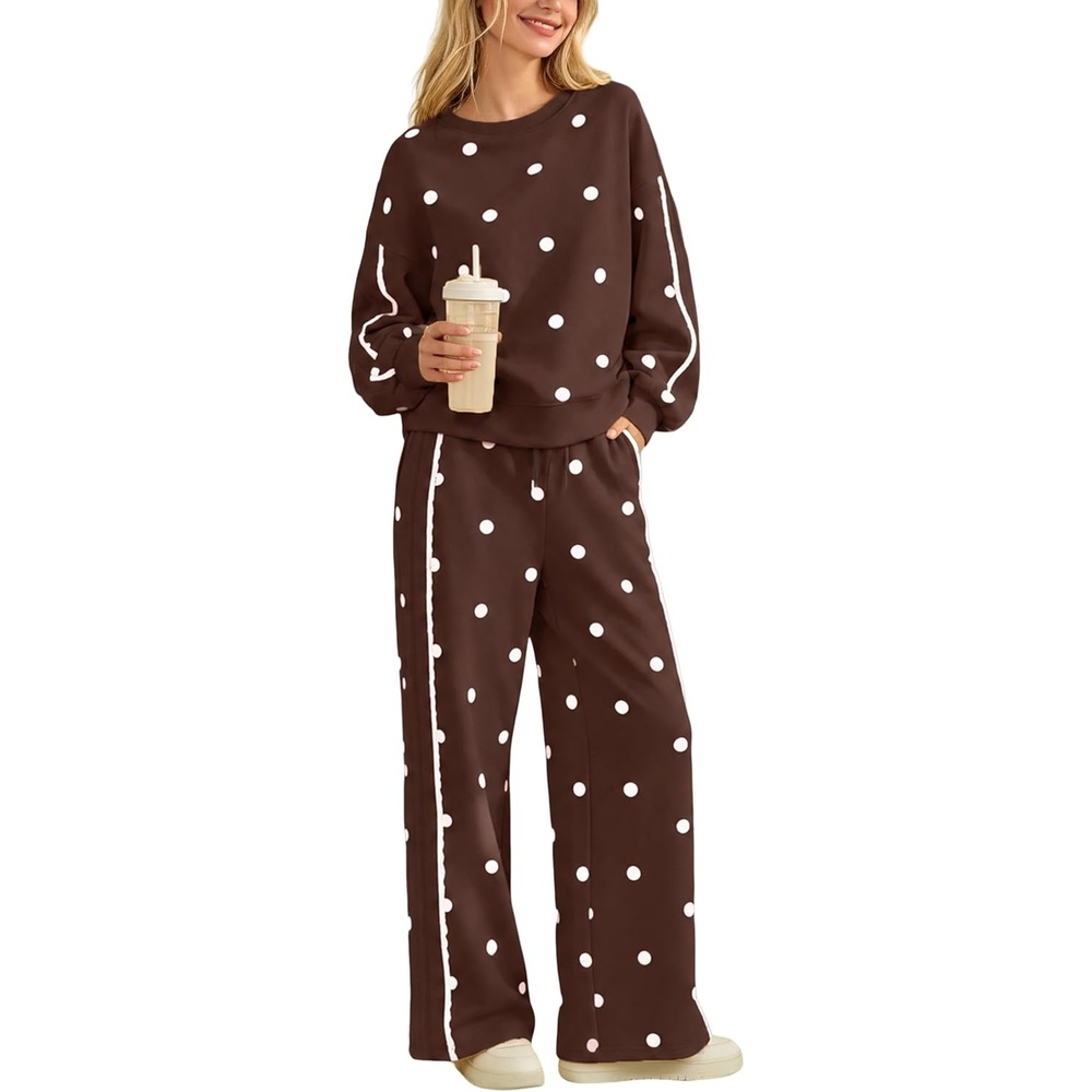 image:imageSpringrain Womens 2 Piece Polka Dot Fall Lounge Set SweatsuitBrownL  Side Lace Trim Detailing Elastic Drawstring Waistband Side Pockets Figureflattering Wide Leg Pants Ribbed Cuffs