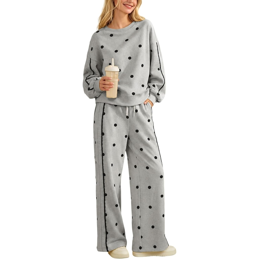 image:imageSpringrain Womens 2 Piece Polka Dot Fall Lounge Set SweatsuitGreyXL  Side Lace Trim Detailing Elastic Drawstring Waistband Side Pockets Figureflattering Wide Leg Pants Ribbed Cuffs