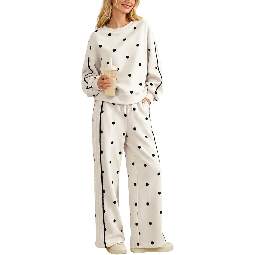 image:imageSpringrain Womens 2 Piece Polka Dot Fall Lounge Set SweatsuitWhiteL  Side Lace Trim Detailing Elastic Drawstring Waistband Side Pockets Figureflattering Wide Leg Pants Ribbed Cuffs