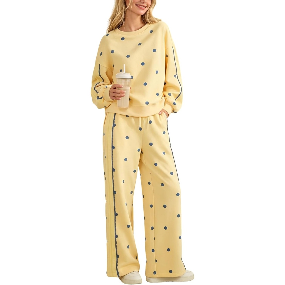 image:imageSpringrain Womens 2 Piece Polka Dot Fall Lounge Set SweatsuitYellowS  Side Lace Trim Detailing Elastic Drawstring Waistband Side Pockets Figureflattering Wide Leg Pants Ribbed Cuffs