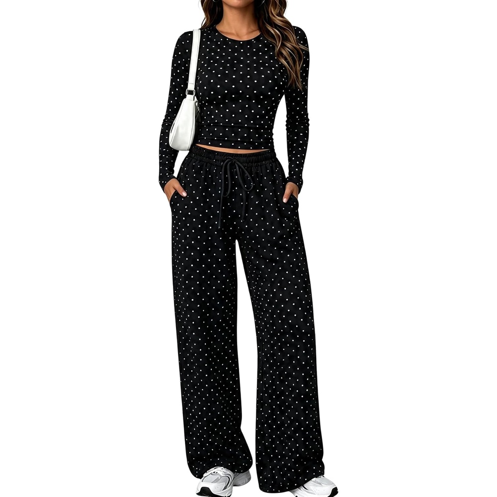 image:imageSpringrain Womens 2 Piece Polka Dot Lounge Sets Outfit Fall  Adjustable Drawstring Elastic Waistband Convenient Side Pockets for Essentials Versatile Travel Weekend Casual WearBlack