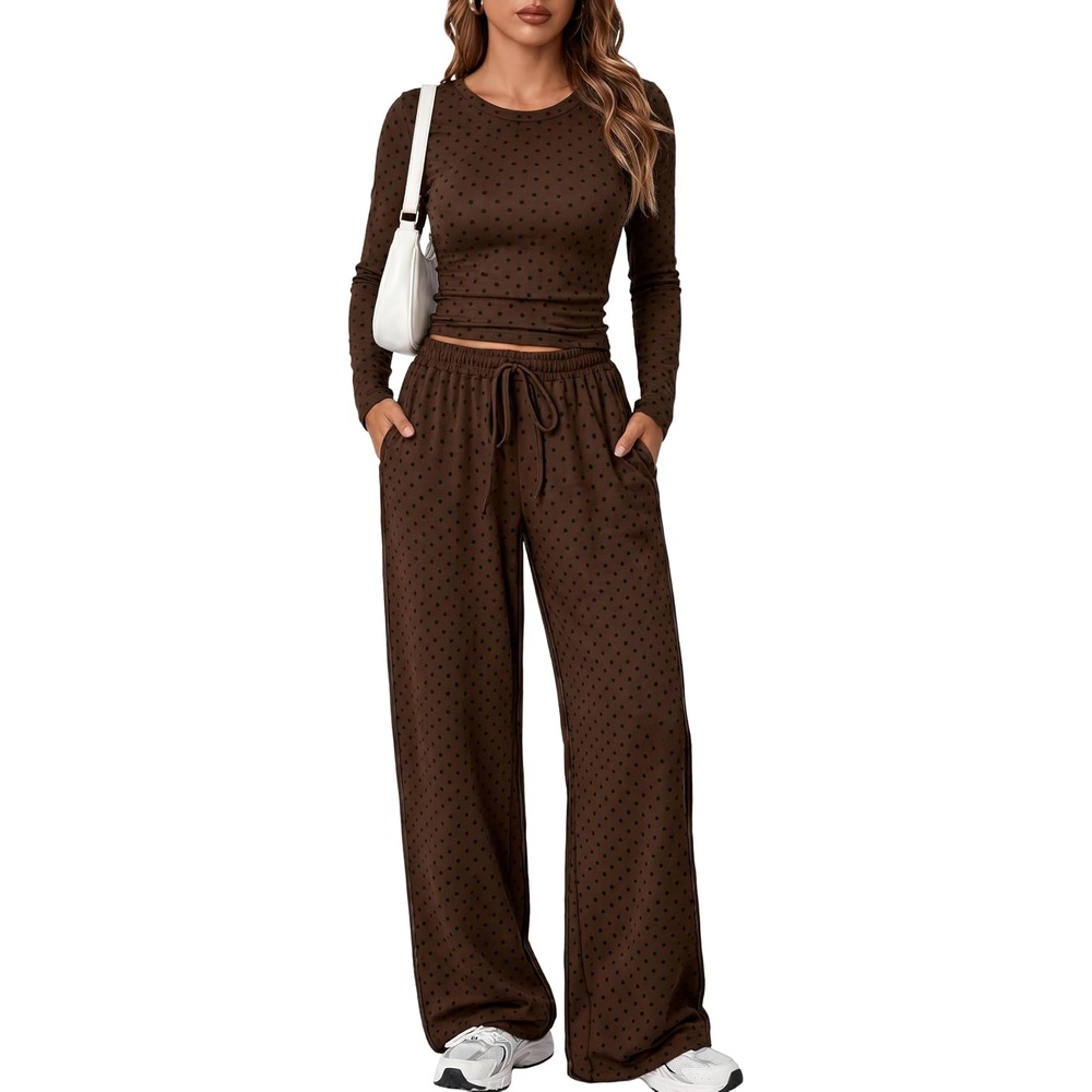 image:imageSpringrain Womens 2 Piece Polka Dot Lounge Sets Outfit Fall  Adjustable Drawstring Elastic Waistband Convenient Side Pockets for Essentials Versatile Travel Weekend Casual WearBrown