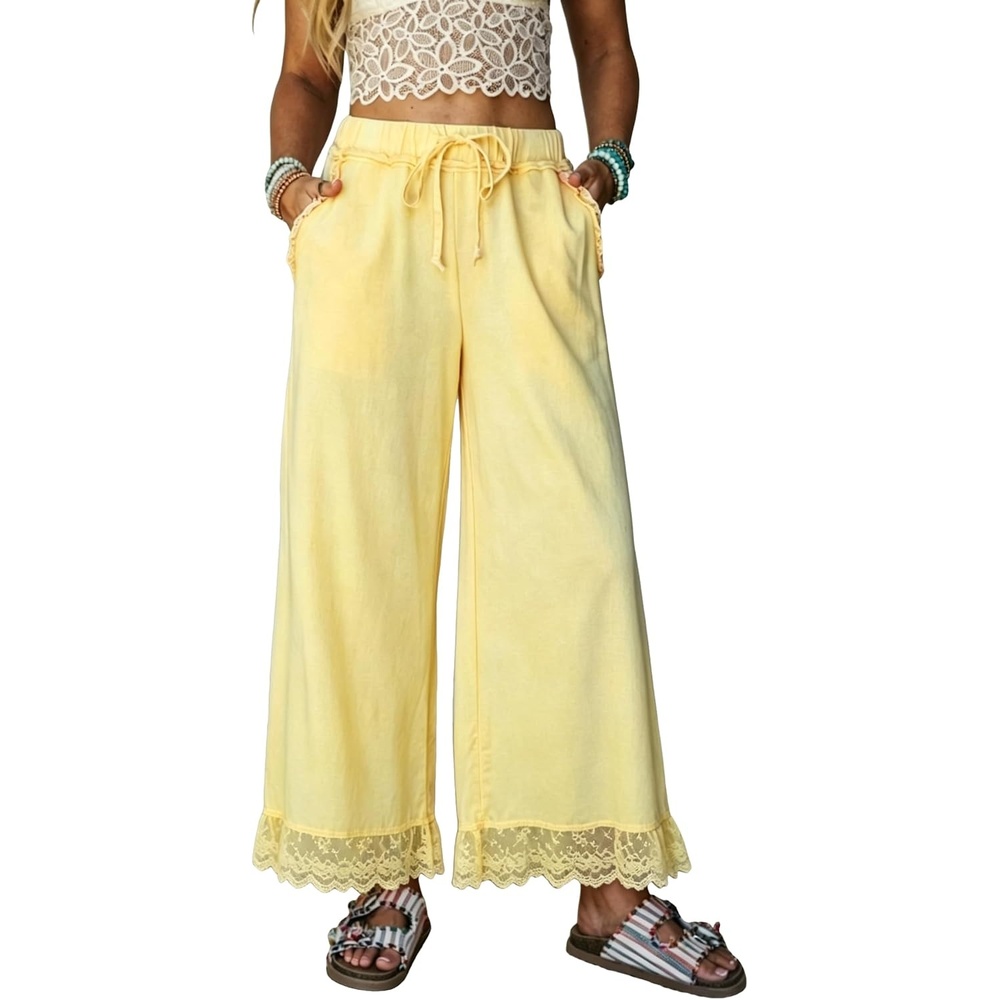 image:imageSpringrain Womens Wide Leg Drawstring Pants Lace Trim Trousers  Soft Cotton Material Elastic Ruffle Waist Side Hand Pockets Versatile Spring amp Fall Wear Ideal for VacationDailyYellow