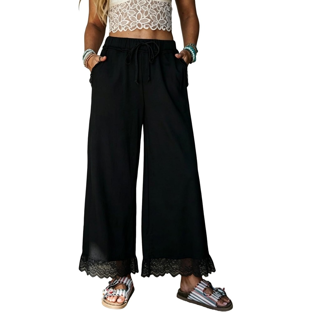 image:imageSpringrain Womens Wide Leg Drawstring Pants Lace Trim Trousers Soft Cotton Material Elastic Ruffle Waist Side Hand Pockets Versatile Spring amp Fall Wear Ideal for VacationDailyBlack