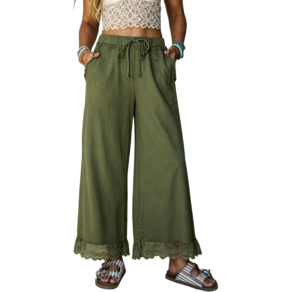 image:imageSpringrain Womens Wide Leg Drawstring Pants Lace Trim Trousers Soft Cotton Material Elastic Ruffle Waist Side Hand Pockets Versatile Spring amp Fall Wear Ideal for VacationDailyArmygreen