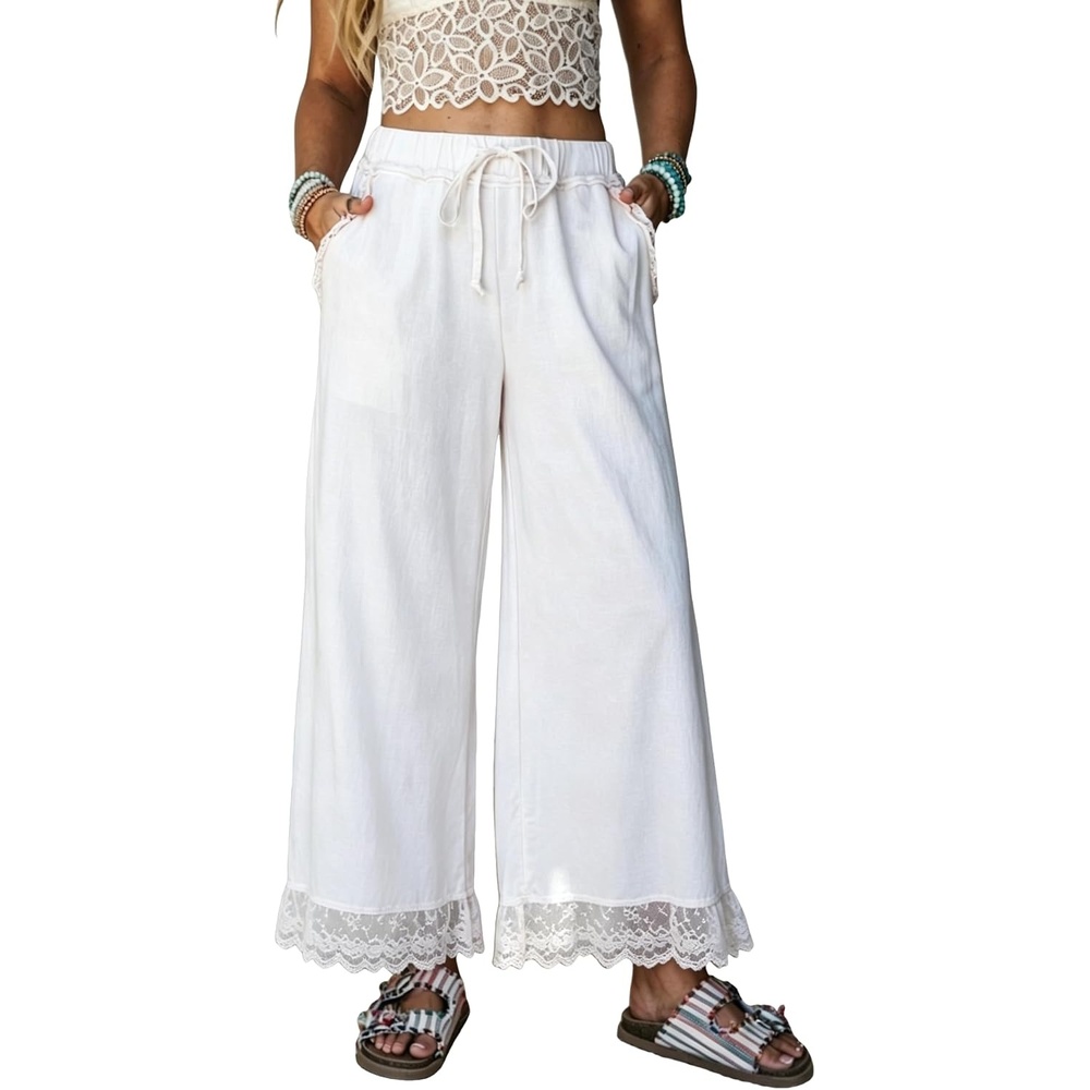 image:imageSpringrain Womens Wide Leg Drawstring Pants Lace Trim Trousers Soft Cotton Material Elastic Ruffle Waist Side Hand Pockets Versatile Spring amp Fall Wear Ideal for VacationDailyWhite
