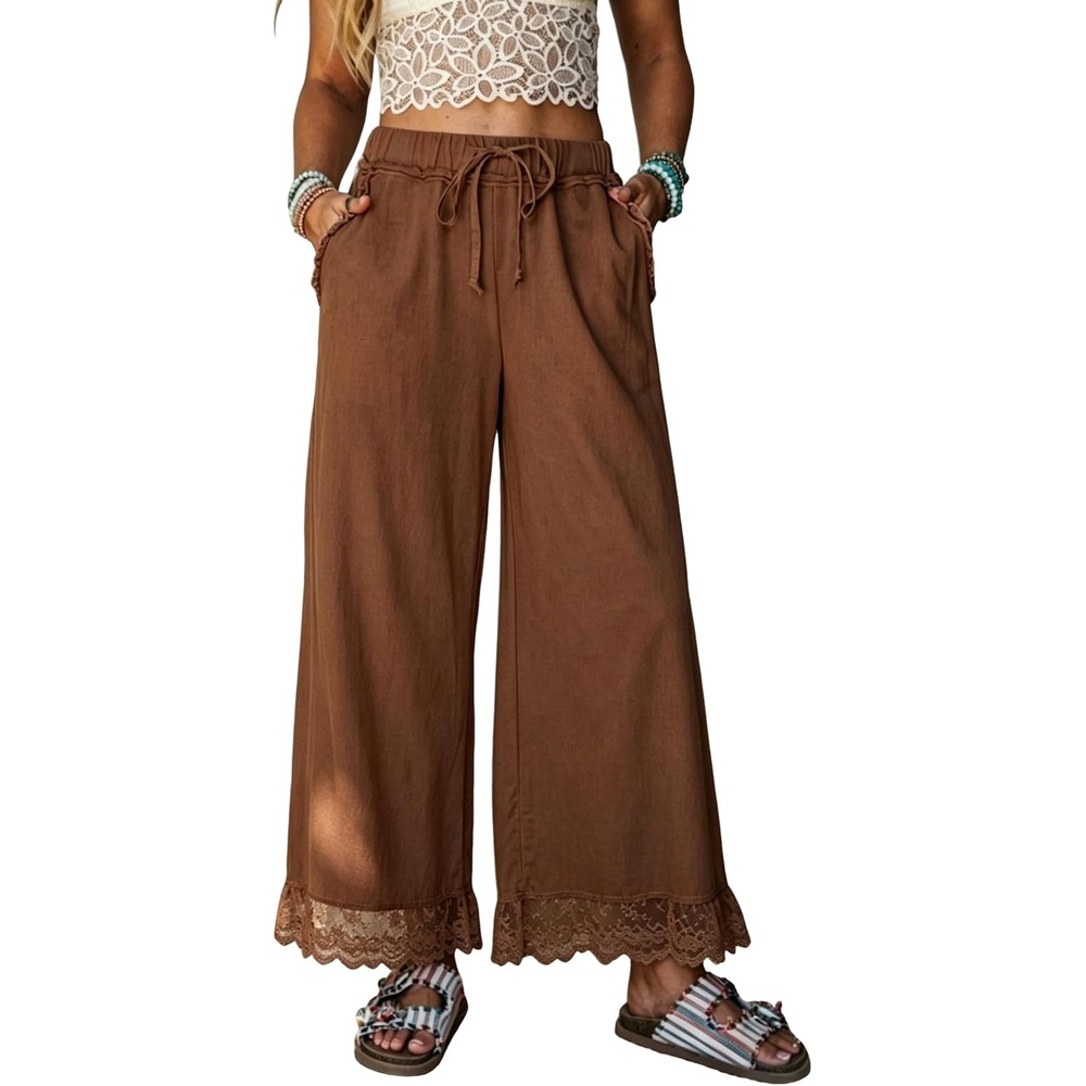 image:imageSpringrain Womens Wide Leg Drawstring Pants Lace Trim Trousers Soft Cotton Material Elastic Ruffle Waist Side Hand Pockets Versatile Spring amp Fall Wear Ideal for VacationDailyCoffee
