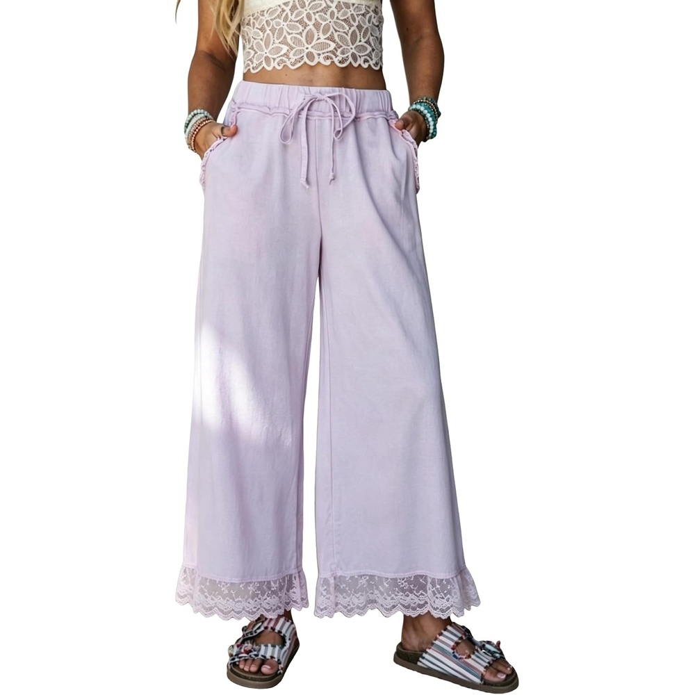 image:imageSpringrain Womens Wide Leg Drawstring Pants Lace Trim Trousers Soft Cotton Material Elastic Ruffle Waist Side Hand Pockets Versatile Spring amp Fall Wear Ideal for VacationDailyPurple