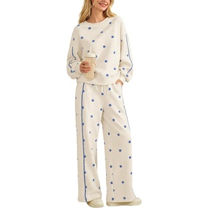 Springrain Women’s 2 Piece Polka Dot Fall Lounge Set Sweatsuit(Beige-S) | Side Lace Trim Detailing, Elastic Drawstring Waistband, Side Pockets, Figure-flattering Wide Leg Pants, Ribbed Cuffs