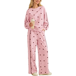 Springrain Women’s 2 Piece Polka Dot Fall Lounge Set Sweatsuit(Pink-XL) | Side Lace Trim Detailing, Elastic Drawstring Waistband, Side Pockets, Figure-flattering Wide Leg Pants, Ribbed Cuffs