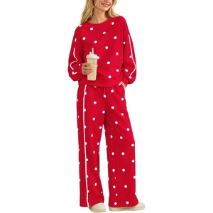 Springrain Women’s 2 Piece Polka Dot Fall Lounge Set Sweatsuit(Red-M) | Side Lace Trim Detailing, Elastic Drawstring Waistband, Side Pockets, Figure-flattering Wide Leg Pants, Ribbed Cuffs