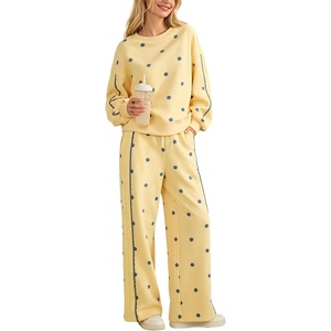 Springrain Women’s 2 Piece Polka Dot Fall Lounge Set Sweatsuit(Yellow-M) | Side Lace Trim Detailing, Elastic Drawstring Waistband, Side Pockets, Figure-flattering Wide Leg Pants, Ribbed Cuffs