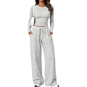 Springrain Women’s 2 Piece Polka Dot Lounge Sets Outfit Fall | Adjustable Drawstring Elastic Waistband, Convenient Side Pockets for Essentials, Versatile Travel Weekend Casual Wear(Grey)