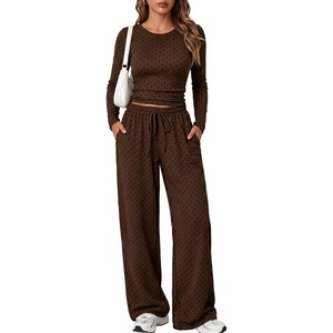 Springrain Women’s 2 Piece Polka Dot Lounge Sets Outfit Fall | Adjustable Drawstring Elastic Waistband, Convenient Side Pockets for Essentials, Versatile Travel Weekend Casual Wear(Brown)