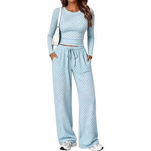 Springrain Women’s 2 Piece Polka Dot Lounge Sets Outfit Fall | Adjustable Drawstring Elastic Waistband, Convenient Side Pockets for Essentials, Versatile Travel Weekend Casual Wear(Blue)