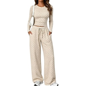 Springrain Women’s 2 Piece Polka Dot Lounge Sets Outfit Fall | Adjustable Drawstring Elastic Waistband, Convenient Side Pockets for Essentials, Versatile Travel Weekend Casual Wear(Khaki)