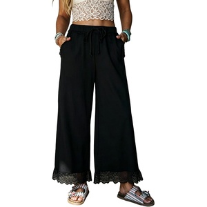 Springrain Women’s Wide Leg Drawstring Pants Lace Trim Trousers | Soft Cotton Material, Elastic Ruffle Waist, Side Hand Pockets, Versatile Spring & Fall Wear, Ideal for Vacation,Daily(Black)