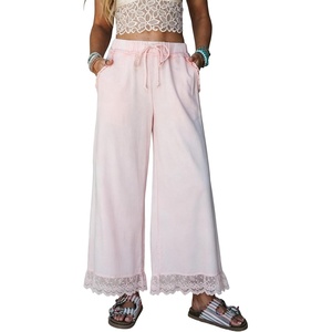Springrain Women’s Wide Leg Drawstring Pants Lace Trim Trousers | Soft Cotton Material, Elastic Ruffle Waist, Side Hand Pockets, Versatile Spring & Fall Wear, Ideal for Vacation,Daily(Pink)