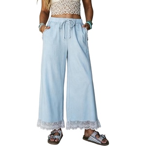 Springrain Women’s Wide Leg Drawstring Pants Lace Trim Trousers | Soft Cotton Material, Elastic Ruffle Waist, Side Hand Pockets, Versatile Spring & Fall Wear, Ideal for Vacation,Daily(Blue)